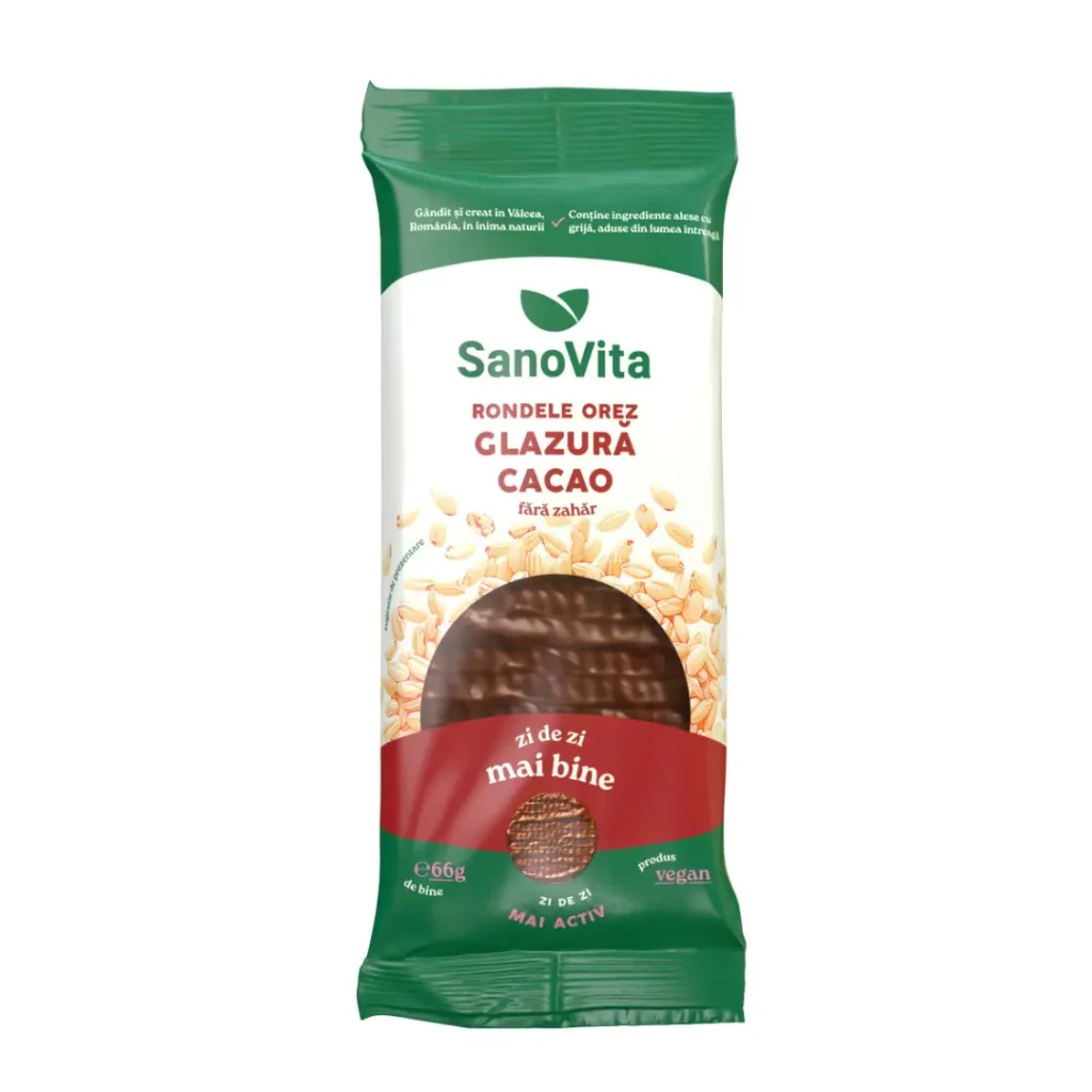 Rondele din orez cu glazura de cacao fara zahar 66g Sanovita