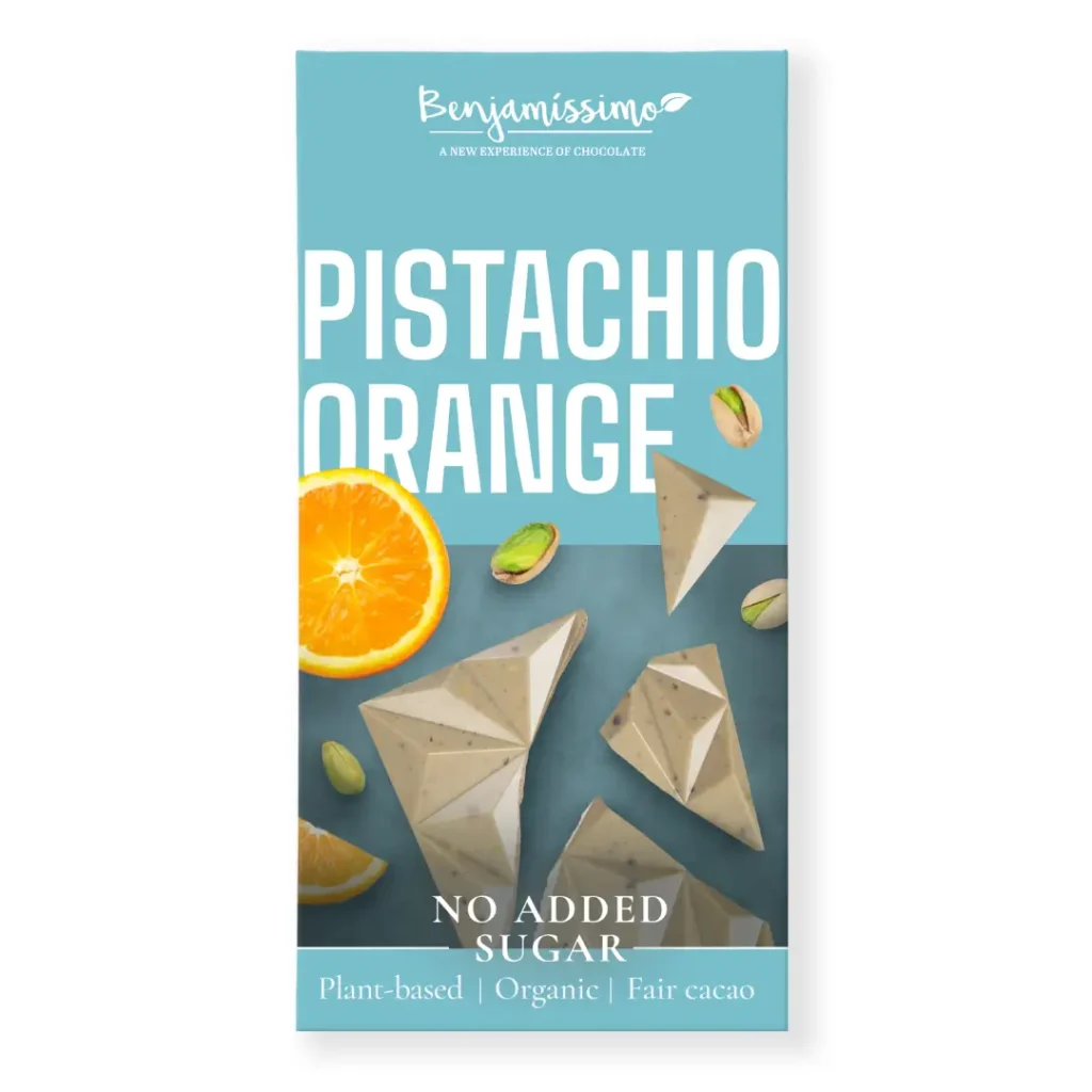 Ciocolata alba cu fistic si portocale BIO 60g Benjamissimo