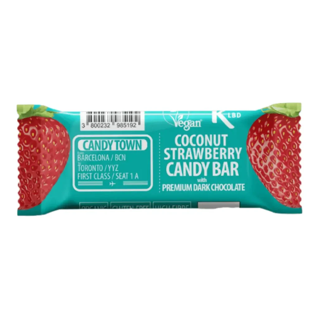 Baton cu capsune si cocos invelit in ciocolată Candy town 50g Nomadi Foods