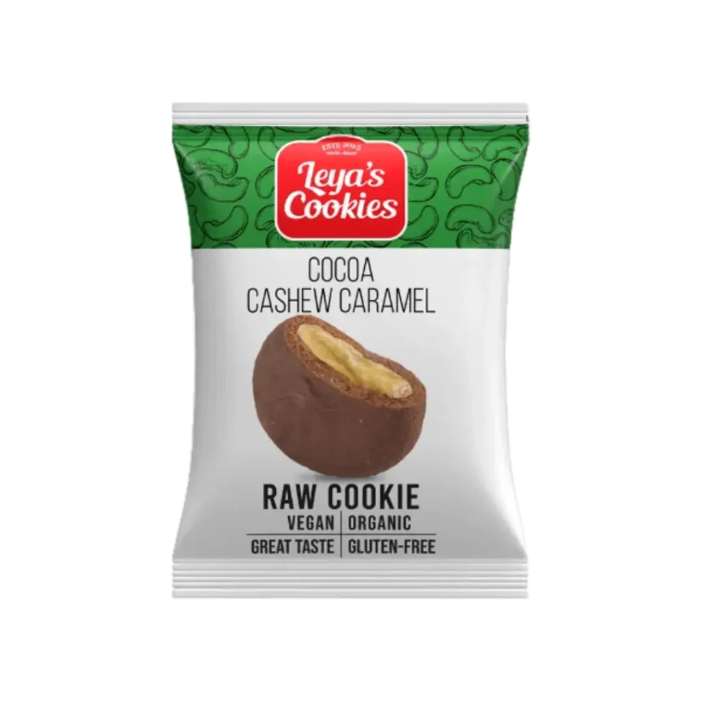 Biscuit Bio Leyas cookies cu caju caramel şi cacao 25g Nomadi Foods