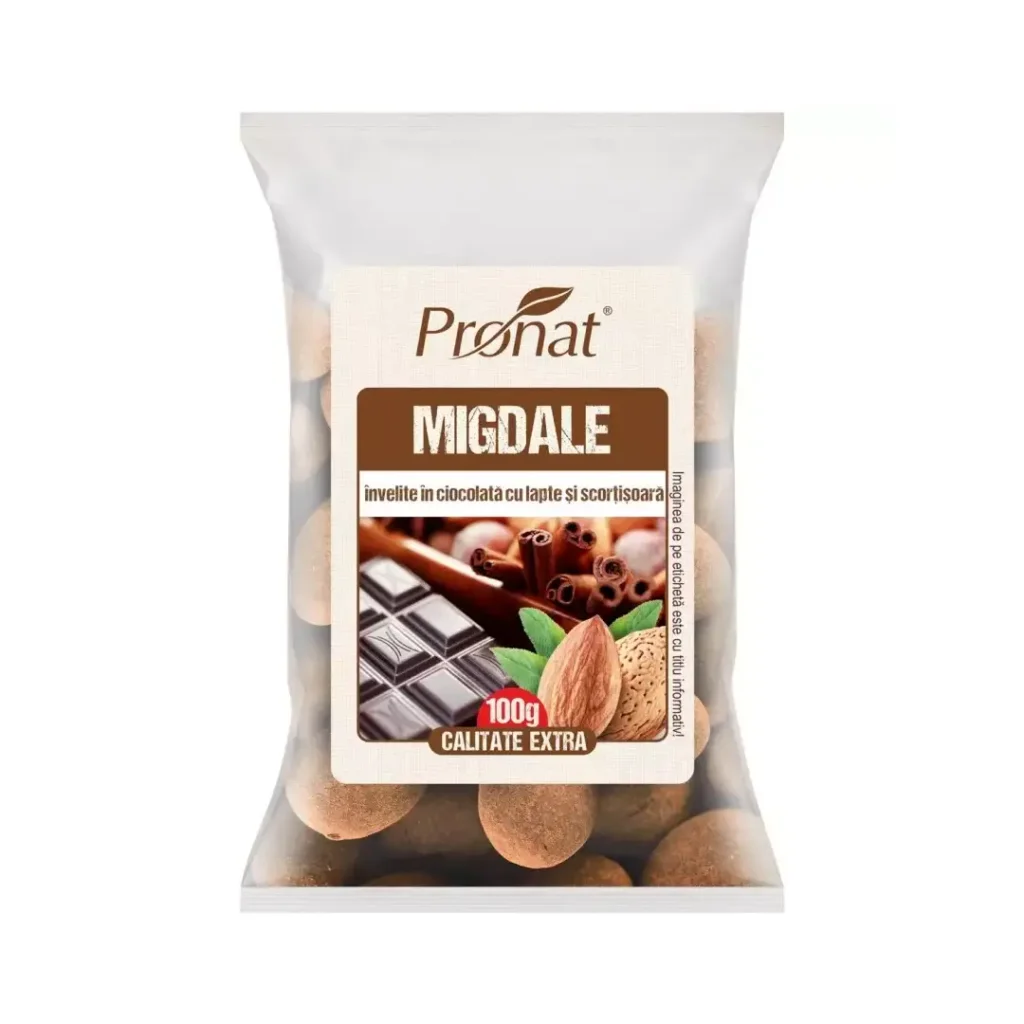 Migdale invelite in ciocolata cu lapte si scortisoara 100g Pronat