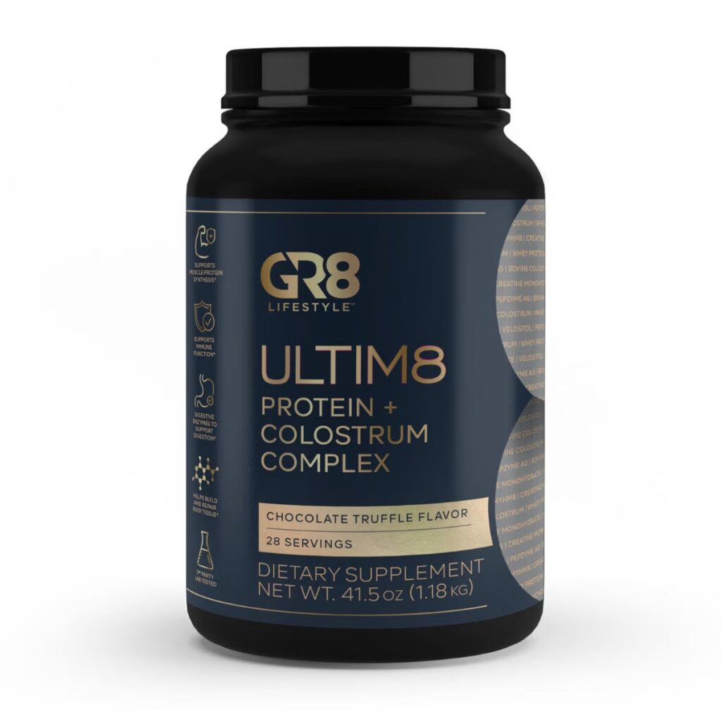Gr8 Lifestyle Ultim8 Protein And Colostrum Complex With Chocolate Truffle Flavor, Proteina Si Complex Cu Colostru, Cu Aroma De Trufe De Ciocolata 1.18 Kg GNC