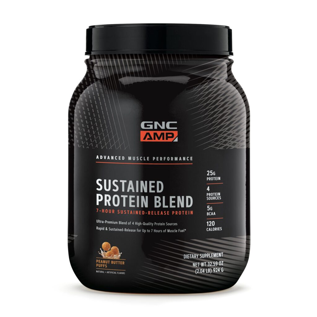 Amp Sustained Protein Blend Amestec Proteic Cu Aroma De Pufuleti Cu Unt De Arahide 924 G GNC
