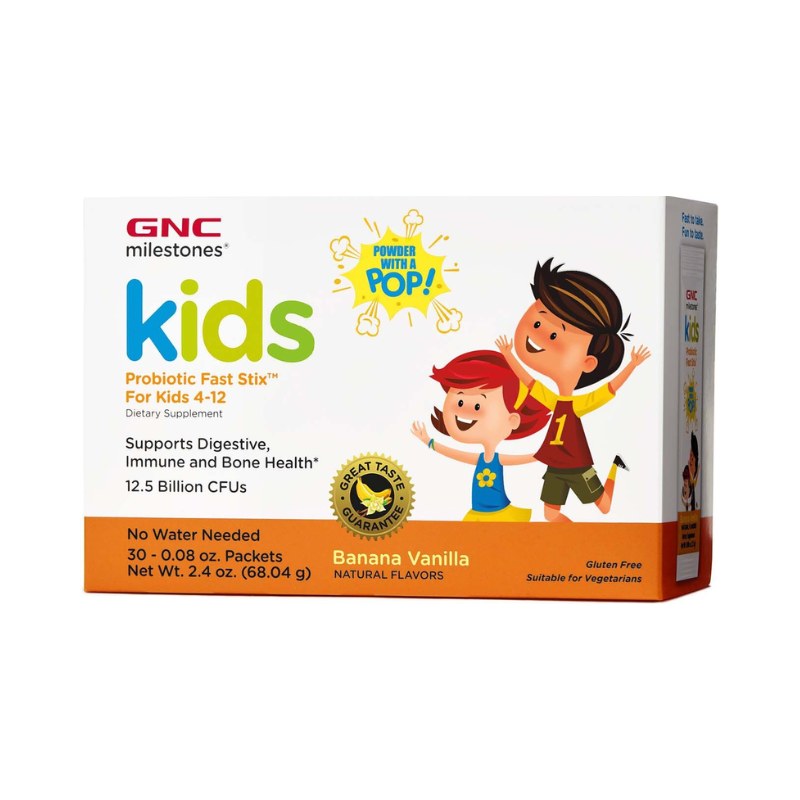 Gnc Milestones Kids Microbio Complex Fast Stix, Probiotic Lab4 Studiat Clinic Pentru Copii 4+ Ani Cu Aroma De Vanilie Si Banane, 30 Plicuri